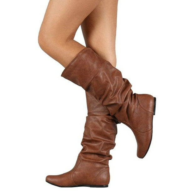 New Womens Mid Calf Slouch Boots Faux Suede Ladies Winter Rouched Casual Shoes
